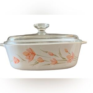 Corningware peach floral A-2-B 2 Liter baking dish & pyrex A-9-C glass top